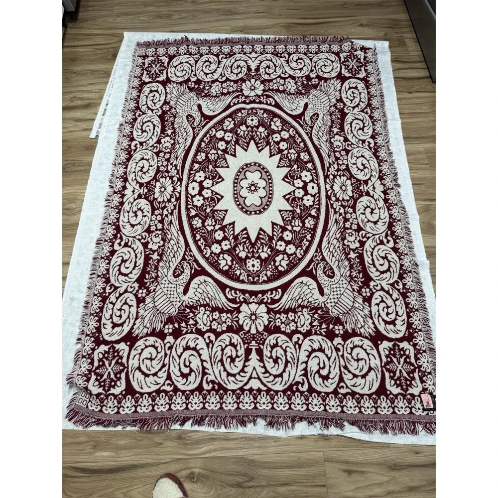 Vintage Goodwin Weavers Burgundy White Jacquard Throw Wool Blanket  W/Firebird